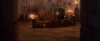 Movie still from “Brave” (2012), directed by Steve Purcell – A group of people sitting at a table in front of a fire place; Extreme Wide shot, High angle