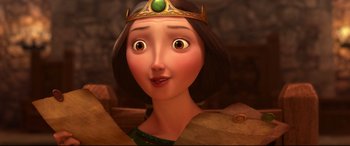 Movie still from “Brave” (2012), directed by Steve Purcell – A cartoon character with a crown on her head; Close Up shot, Over the shoulder angle
