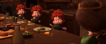Movie still from “Brave” (2012), directed by Steve Purcell – Two cartoon characters sitting at a table with food; Wide shot, High angle