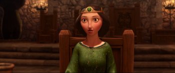 Movie still from “Brave” (2012), directed by Steve Purcell – A woman in a green dress with a crown on her head; Close Up shot, Over the shoulder angle