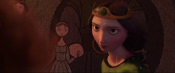 Movie still from “Brave” (2012), directed by Steve Purcell – A woman in a green dress with a crown on her head; Medium shot, Over the shoulder angle