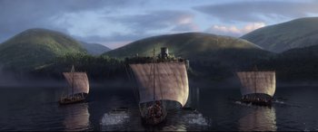 Movie still from “Brave” (2012), directed by Steve Purcell – An image of a sail boat in the middle of a lake; Extreme Wide shot, Low angle