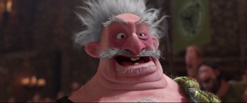 Movie still from “Brave” (2012), directed by Steve Purcell – An animated character with white hair and a pink face; Close Up shot, Low angle