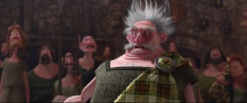 Movie still from “Brave” (2012), directed by Steve Purcell – An animated character with white hair and a beard; Medium shot, Low angle