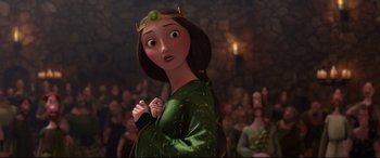 Movie still from “Brave” (2012), directed by Steve Purcell – A woman in a green dress and a green crown; Medium shot, Over the shoulder angle