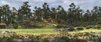 Movie still from “Brave” (2012), directed by Steve Purcell – An image of an outdoor scene with trees and rocks; Extreme Wide shot, High angle