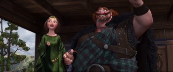 Movie still from “Brave” (2012), directed by Steve Purcell – A man and a woman are standing next to each other; Medium shot, Low angle