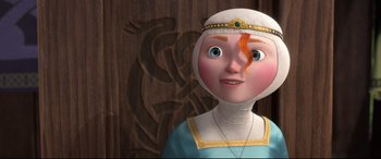 Movie still from “Brave” (2012), directed by Steve Purcell – A cartoon of a woman with a long orange hair piece; Close Up shot, Over the shoulder angle
