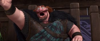 Movie still from “Brave” (2012), directed by Steve Purcell – An image of an animated character that is screaming; Medium shot, Low angle