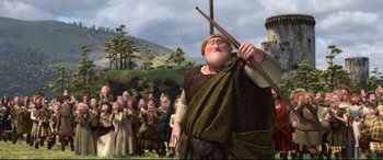 Movie still from “Brave” (2012), directed by Steve Purcell – An image of an animated character holding a spear; Wide shot, Low angle