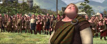 Movie still from “Brave” (2012), directed by Steve Purcell – A group of people standing in the grass; Medium shot, Low angle