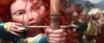 Movie still from “Brave” (2012), directed by Steve Purcell – A woman holding a bow and arrow; Close Up shot, Over the shoulder angle