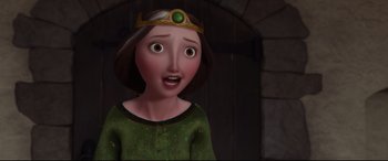 Movie still from “Brave” (2012), directed by Steve Purcell – A woman in a green dress with a crown on her head; Medium shot, Over the shoulder angle