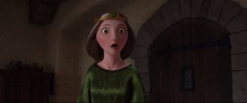 Movie still from “Brave” (2012), directed by Steve Purcell – A woman in a green dress with a crown on her head; Close Up shot, Over the shoulder angle