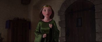 Movie still from “Brave” (2012), directed by Steve Purcell – A woman wearing a green dress and a crown; Medium shot, Low angle