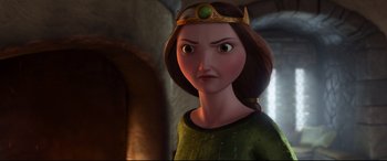 Movie still from “Brave” (2012), directed by Steve Purcell – A cartoon character with an angry look on his face; Close Up shot, Over the shoulder angle
