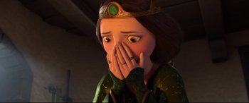 Movie still from “Brave” (2012), directed by Steve Purcell – A woman with her hands over her mouth; Close Up shot, Over the shoulder angle