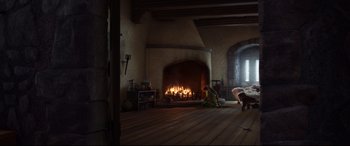 Movie still from “Brave” (2012), directed by Steve Purcell – A fireplace in a living room with a dog in front of it; Extreme Wide shot, High angle