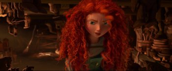 Movie still from “Brave” (2012), directed by Steve Purcell – A woman's face with red curly hair; Close Up shot, Over the shoulder angle