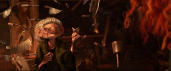 Movie still from “Brave” (2012), directed by Steve Purcell – An animated scene of an old man in a workshop; Medium shot, Low angle
