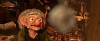 Movie still from “Brave” (2012), directed by Steve Purcell – An old man with a strange look on his face; Close Up shot, Low angle