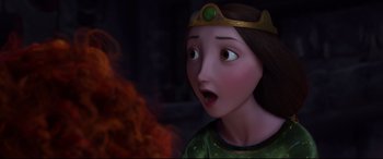 Movie still from “Brave” (2012), directed by Steve Purcell – A woman in a green shirt and a gold crown; Close Up shot, Over the shoulder angle