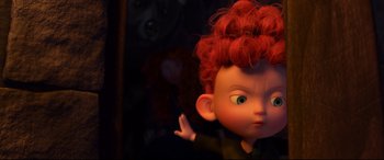 Movie still from “Brave” (2012), directed by Steve Purcell – A cartoon character with red curly hair; Medium shot, Over the shoulder angle