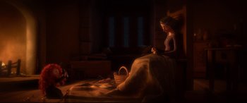 Movie still from “Brave” (2012), directed by Steve Purcell – A woman sitting on the floor with a basket in front of a window; Wide shot, High angle
