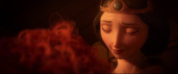 Movie still from “Brave” (2012), directed by Steve Purcell – A woman's face with a crown on her head; Close Up shot, Over the shoulder angle