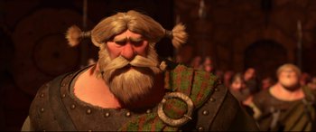 Movie still from “Brave” (2012), directed by Steve Purcell – A cartoon character with a beard; Close Up shot, Over the shoulder angle