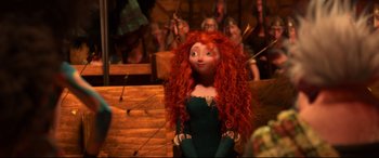 Movie still from “Brave” (2012), directed by Steve Purcell – A red haired girl with long red curly hair; Medium shot, Over the shoulder angle