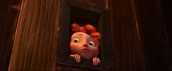 Movie still from “Brave” (2012), directed by Steve Purcell – A red haired girl peeks out of a window; Medium shot, Low angle