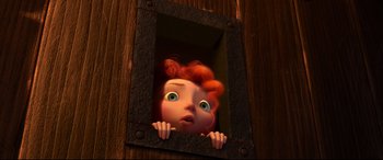 Movie still from “Brave” (2012), directed by Steve Purcell – A red headed girl peeks out of a window; Medium shot, Low angle
