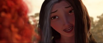 Movie still from “Brave” (2012), directed by Steve Purcell – An animation of a woman with long black hair; Close Up shot, Over the shoulder angle