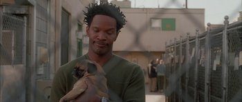 Movie still from “Breakin' All the Rules” (2004), directed by Daniel Taplitz – A man holding a small dog in his arms; Close Up shot, Over the shoulder angle