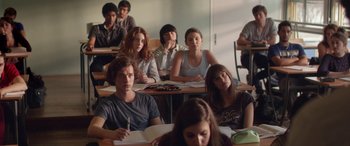 Movie still from “Breathe” (2014), directed by Mélanie Laurent – A group of people sitting at desks in a classroom; Medium shot, High angle