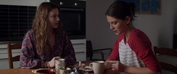 Movie still from “Breathe” (2014), directed by Mélanie Laurent – Two women sitting at a table with cups of coffee; Medium shot, Over the shoulder angle