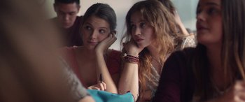 Movie still from “Breathe” (2014), directed by Mélanie Laurent – Two young women sitting next to each other in a room; Close Up shot, Over the shoulder angle