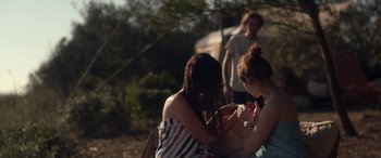 Movie still from “Breathe” (2014), directed by Mélanie Laurent – Two young women sitting on a bench in a park; Medium shot, Over the shoulder angle