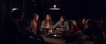 Movie still from “Breathe” (2014), directed by Mélanie Laurent – A group of people sitting around a table at a restaurant; Medium shot, Over the shoulder angle