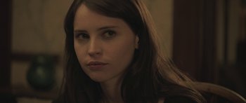 Movie still from “Breathe In” (2013), directed by Drake Doremus – A person with long brown hair; Close Up shot, Over the shoulder angle