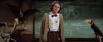 Movie still from “Brewster McCloud” (1970), directed by Robert Altman – A man standing in front of a chalkboard wearing suspenders; Medium shot, Over the shoulder angle
