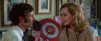 Movie still from “Brewster McCloud” (1970), directed by Robert Altman – A man and a woman talking to each other; Close Up shot, Over the shoulder angle