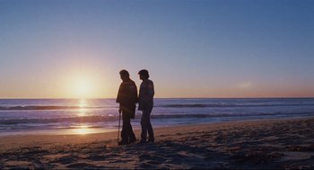 Movie still from “Brick” (2005), directed by Rian Johnson – Two people standing on the beach at sunset; Wide shot, Low angle