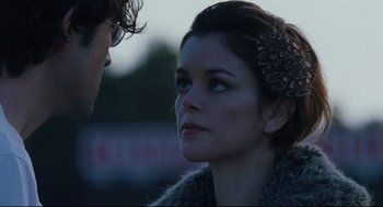 Movie still from “Brick” (2005), directed by Rian Johnson – A man and a woman looking at one another; Close Up shot, Over the shoulder angle