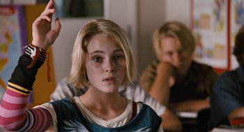 Movie still from “Bridge to Terabithia” (2007), directed by Gabor Csupo – A young girl with blonde hair is looking at the camera; Close Up shot, Over the shoulder angle