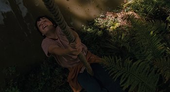 Movie still from “Bridge to Terabithia” (2007), directed by Gabor Csupo – A person swinging on a rope in the woods; Medium shot, Overhead angle