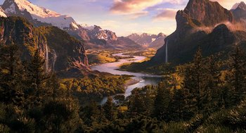 Movie still from “Bridge to Terabithia” (2007), directed by Gabor Csupo – A river flowing through a lush green valley; Extreme Wide shot, High angle
