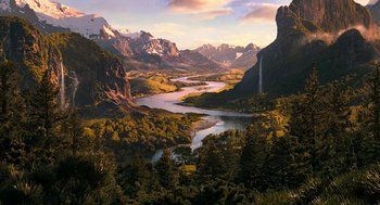 Movie still from “Bridge to Terabithia” (2007), directed by Gabor Csupo – A river flowing through a lush green valley; Extreme Wide shot, High angle