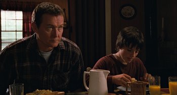 Movie still from “Bridge to Terabithia” (2007), directed by Gabor Csupo – A man and a boy sitting at a dinner table; Medium shot, Over the shoulder angle